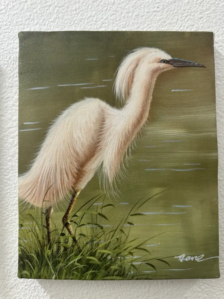 Original Oil On Canvas Egret Soft Pink Coral in Marsh Painting Signed Unframed