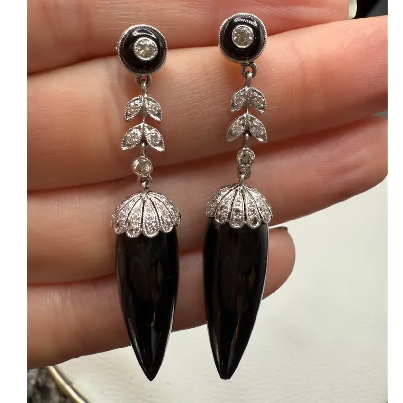 White Gold 14k Art Deco Diamond Onyx Earrings 1920s