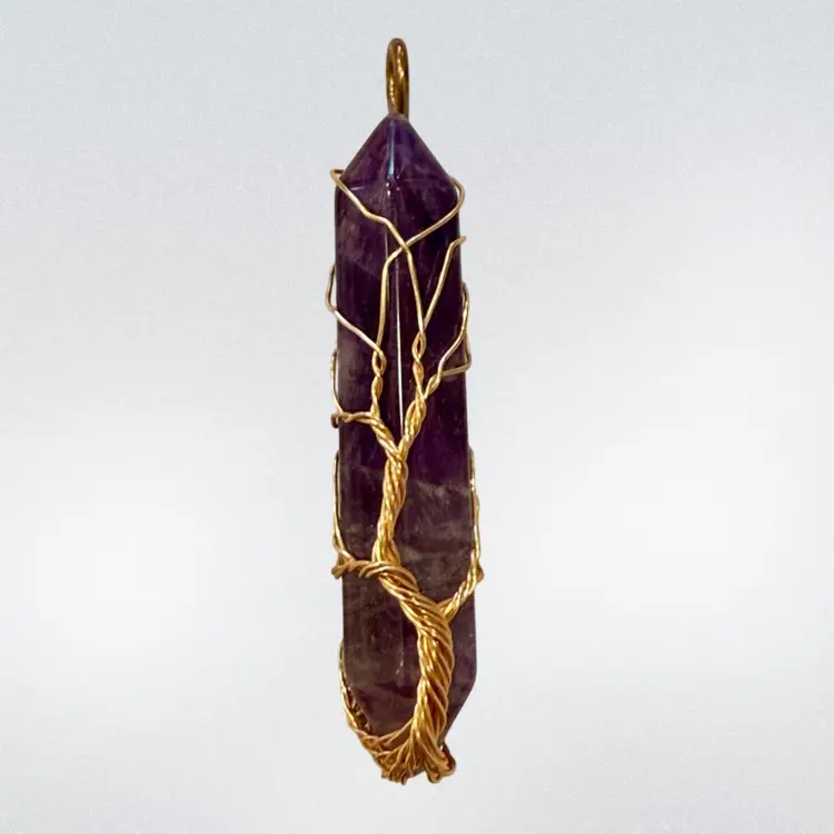 Handmade Amethyst Chakra Stone Crystal Wire Wrapped Tree of Life Pendant