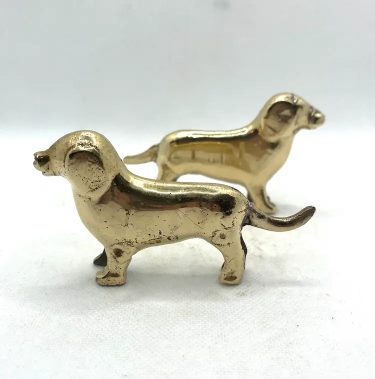 Vintage Brass Puppy Wiener Dog Dachshund Miniature Figurines Pair Of 2