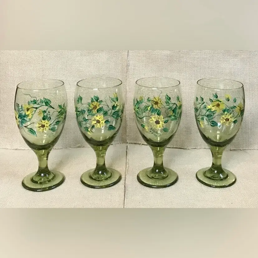 Hand Painted Sunflowers Glass Water Goblet Set Farmhouse Rustic Cottagecore