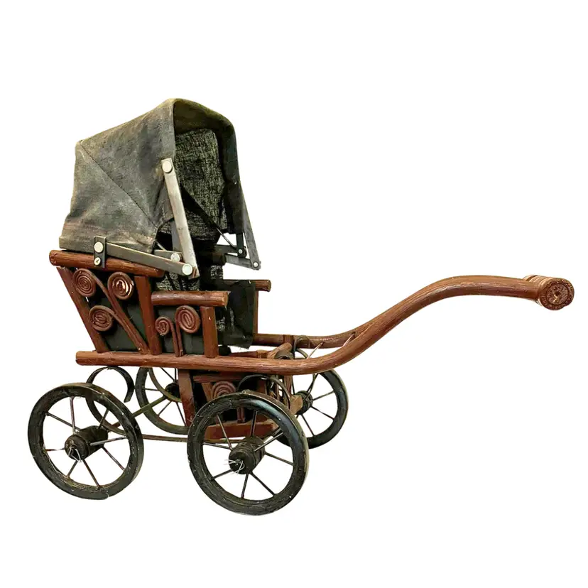Vintage Rattan Doll Carriage Buggy Stroller Brentwood Style Pram Rustic Toy Prop