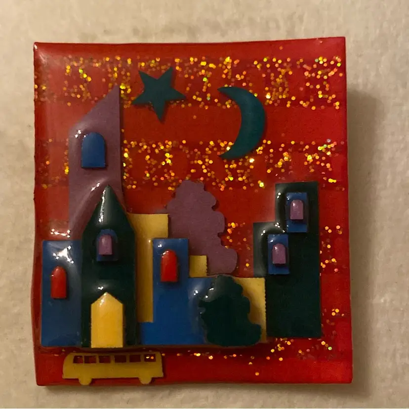 Lucinda House Pin - Red With Gold Glitter Sky … Downtown Buildings Cityscape … Yellow Bus Traveling At The Bottom, And A Green Crescent Moon And Star