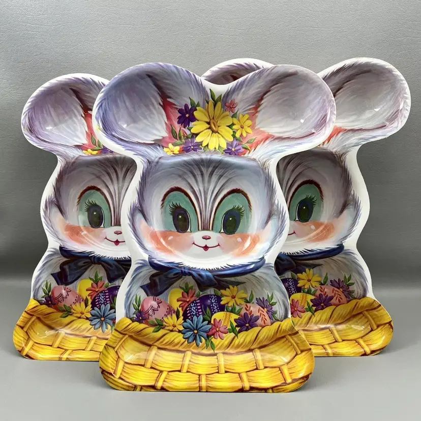 Lot Of 3 Vintage Plastic Anthropomorphic Easter Bunny Divided Trays Kitsch 13"