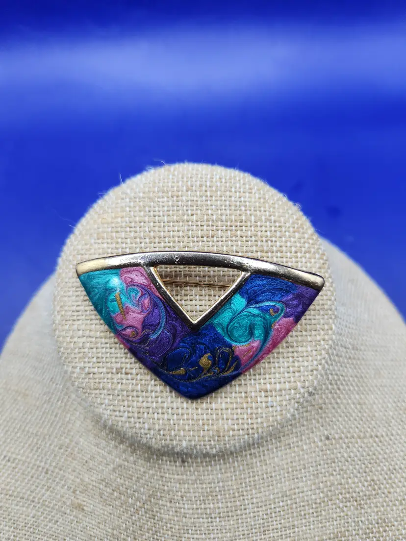 Triangular Enamel on Metal Brooch