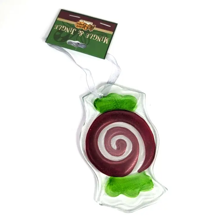 Vintage Cracker Barrel Mingle & Jingle Peppermint Candy Glass Christmas Ornament