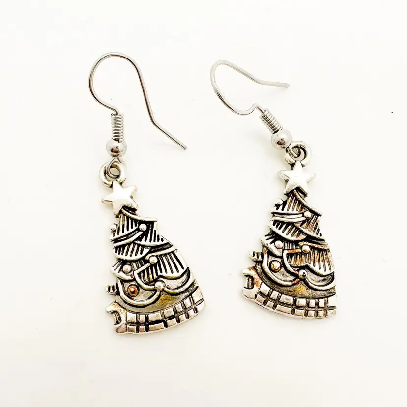 Christmas Tree Earrings Silver Tone Handmade
