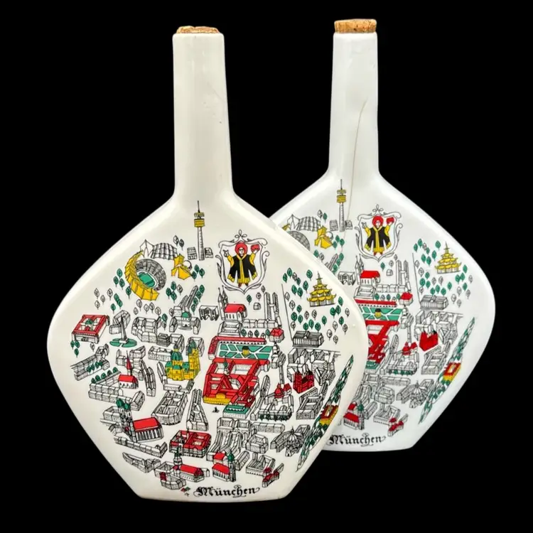 2 west german decor liquor bottles colorful print