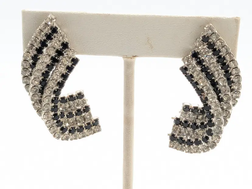 Silver Tone Black and Clear Rhinestone Pierced Earrings