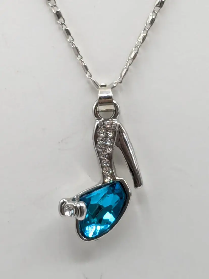 High Heel Pendant Necklace with Blue Glass Gem Silver Tone Cinderella