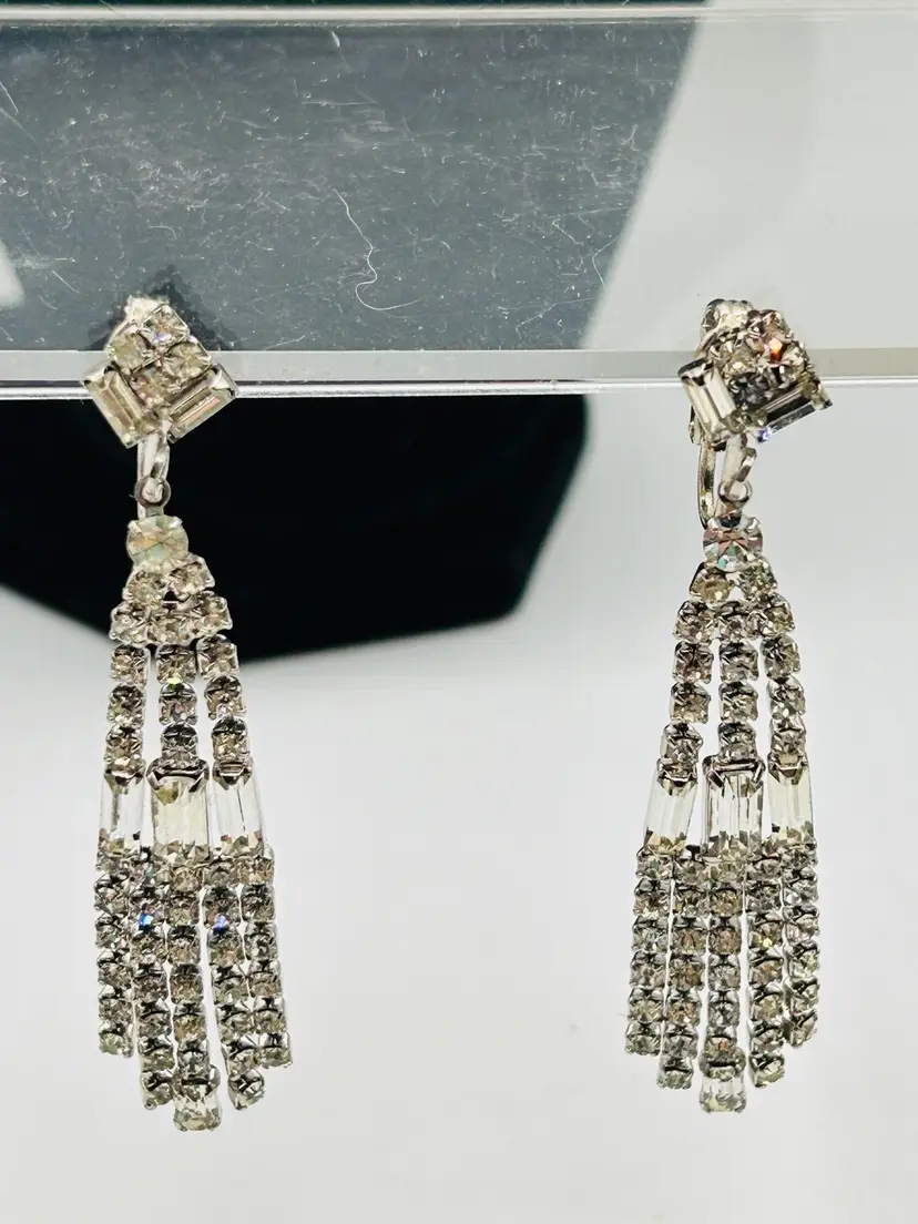 Gorgeous Vintage French Creator Style Unmarked Clip back Pendant Earrings - Crystals 2.5”