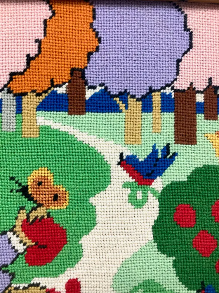 Vintage Needlepoint Woodland Critters Framed Art Reclaimed Barn Wood Frame, Bear Bunny Trees Colorful Needlework