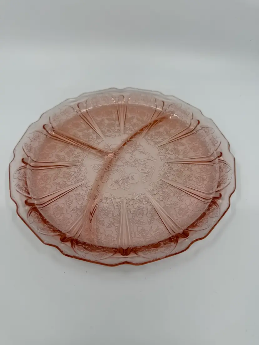 Antique Jeanette Pink Depression Glass Cherry Blossom Divided Dish 3 sections