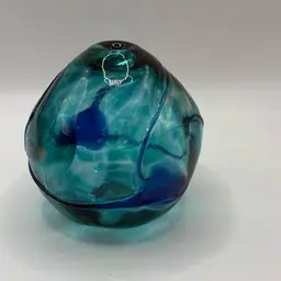 Teak, Blue, And Gold Blown Glass Oil Lamp Paperweight Signed By Corcoran 1998 3 1/2” Across X 3” Tall