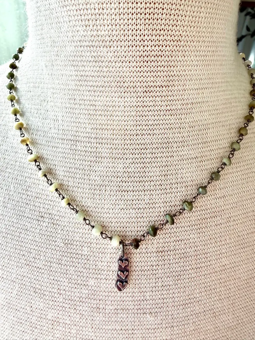 Three Heart Artisan Pendant On Serpentine Rosary Style Necklace