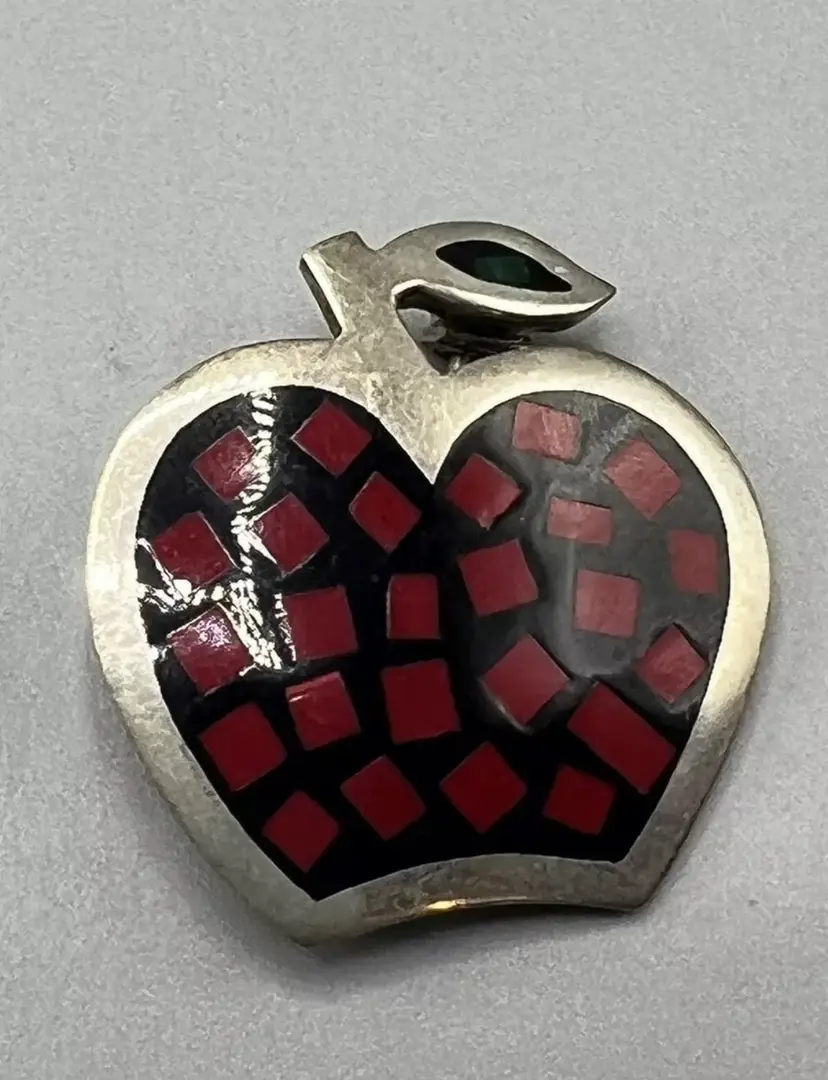 VIntage Sterling .925 SIlver Onyx & Coral Inlay Brooch Pin Apple Teacher Gift