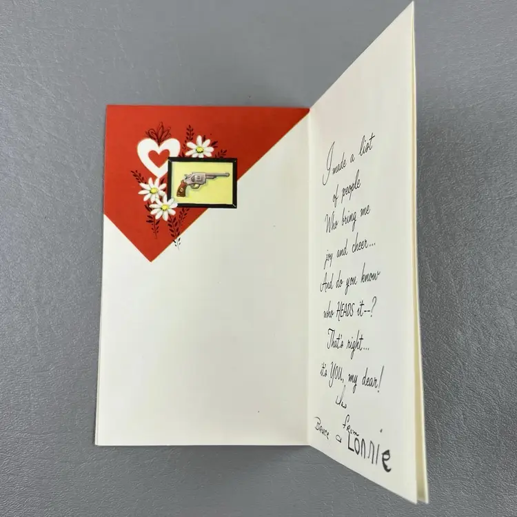 Vintage Valentine Greeting Card Guns & Canon Daisy Hearts Cordially Yours 6x3.5"