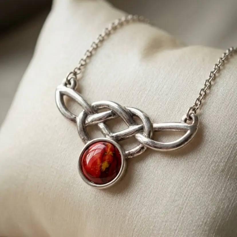 925 Sterling Silver Red Jasper Necklace Celtic Knot Pendant 16” Artisan Stone