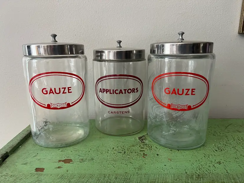 Vintage Gauze Applicators Glass Storage Jars. Medical Apothecary Pharmaceutical Glasco Carstens Canisters