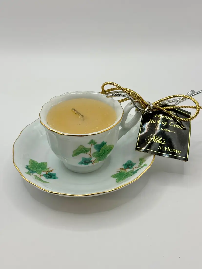 Vintage Friendship Teacup Candle with Saucer, Hand-Poured Soy Wax, Green Ivy Design, Gold Trim, By Alda’s At Home, Made In Little Rock, AR