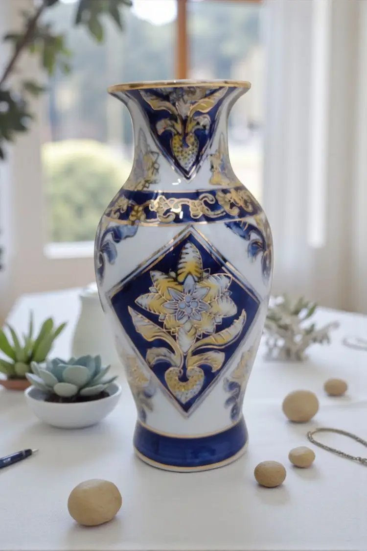 Vintage Porcelain Floral Ornate Style Chinese Vase 8" Gold Trim Asian