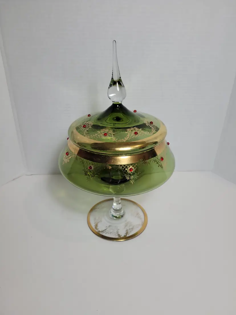 Gorgeous Green Glass Pedestal Covered Candy Dish Gold Trim Red Jewels Vtg RARE