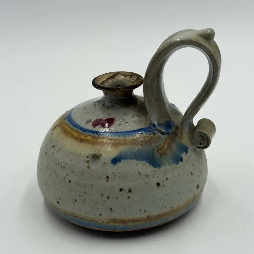 Chamberlain Iowa Clear Lake Pottery Stoneware Vintage Oil Lamp Signed Blue Gray