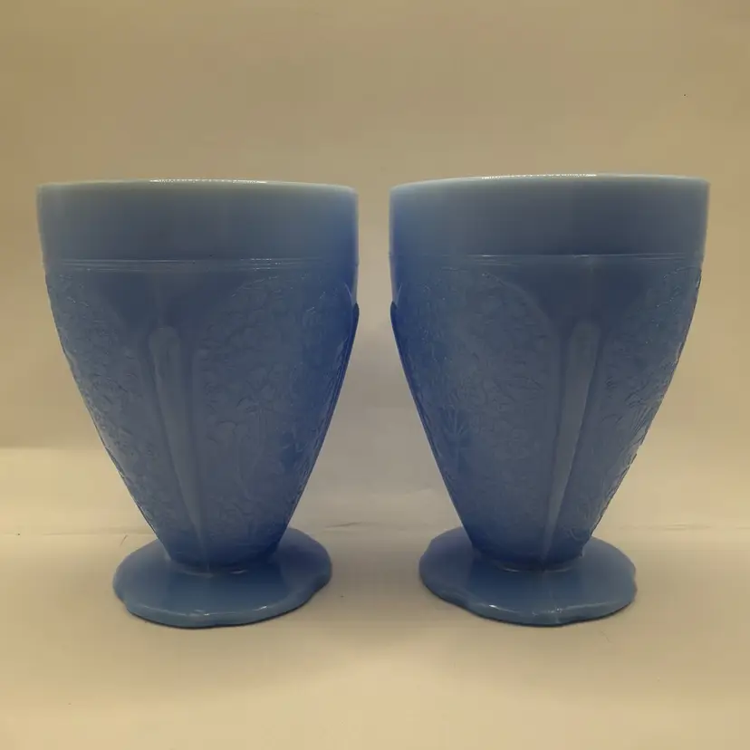 Jeanette Glass Cherry Blossom Delphite Blue Footed Tumbler Pair 4.5”