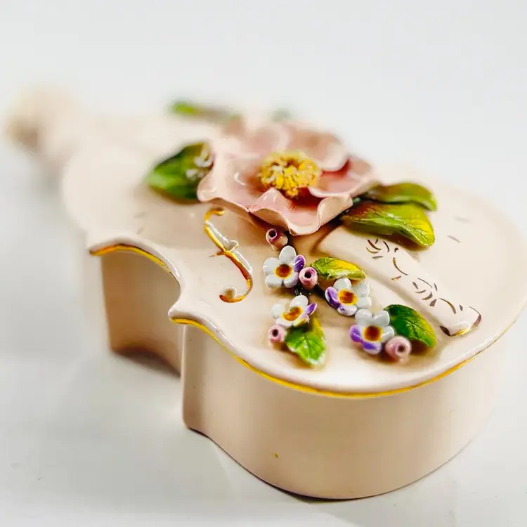 Vintage Violin Trinket Box
Hand Painted Applied Flowers
By Wildwood Pottery 1950s