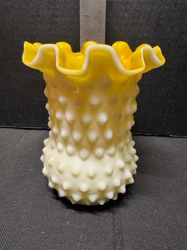 6inch Glowy Fenton Glass Vase White Hobnail, Yellow Cased/Overlay UV Glows Green