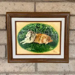 Garden Collie Sheltie Dog Original Acrylic Framed Painting Signed Patrice Vintage 16.5x13.5"