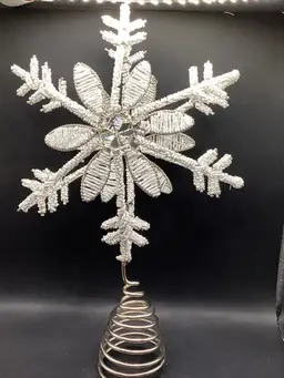 Snowflake Star Tree Topper Beautiful White Beaded 11 inches Coil Base