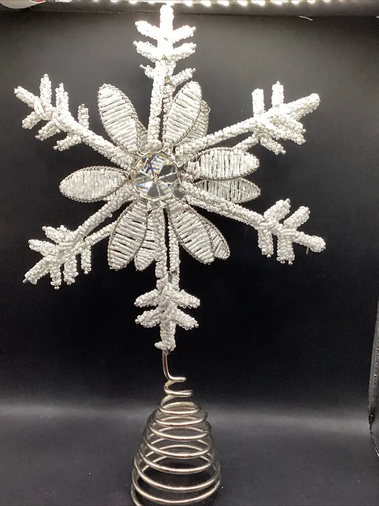 Snowflake Star Tree Topper Beautiful White Beaded 11 inches Coil Base