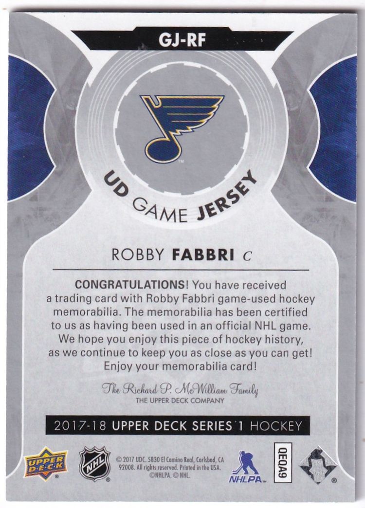 2017-18 Upper Deck Game Jerseys #GJRF Robby Fabbri St Louis Blues Hockey Card