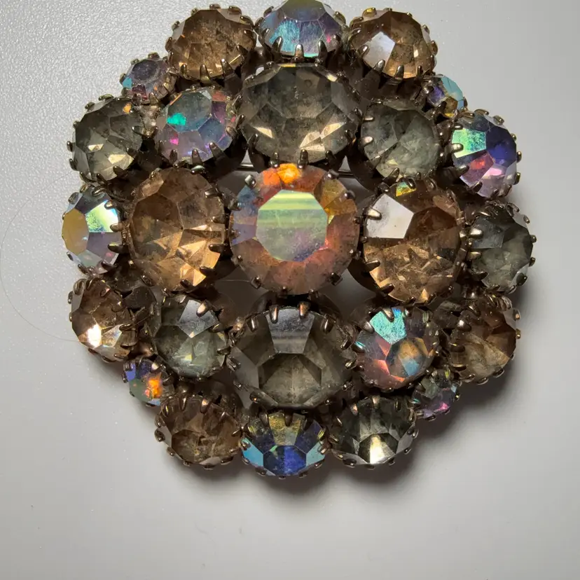 Domed Prong Set Grey Peach And Clear AB Crystals Brooch