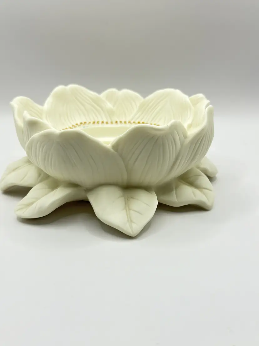 Retired 3D Magnolia Lotus Flower Blossom Candle Holder, White Bisque Porcelain with Gold Accents, Festive Christmas Decor, By Partylite, Made In China, MPN P7369