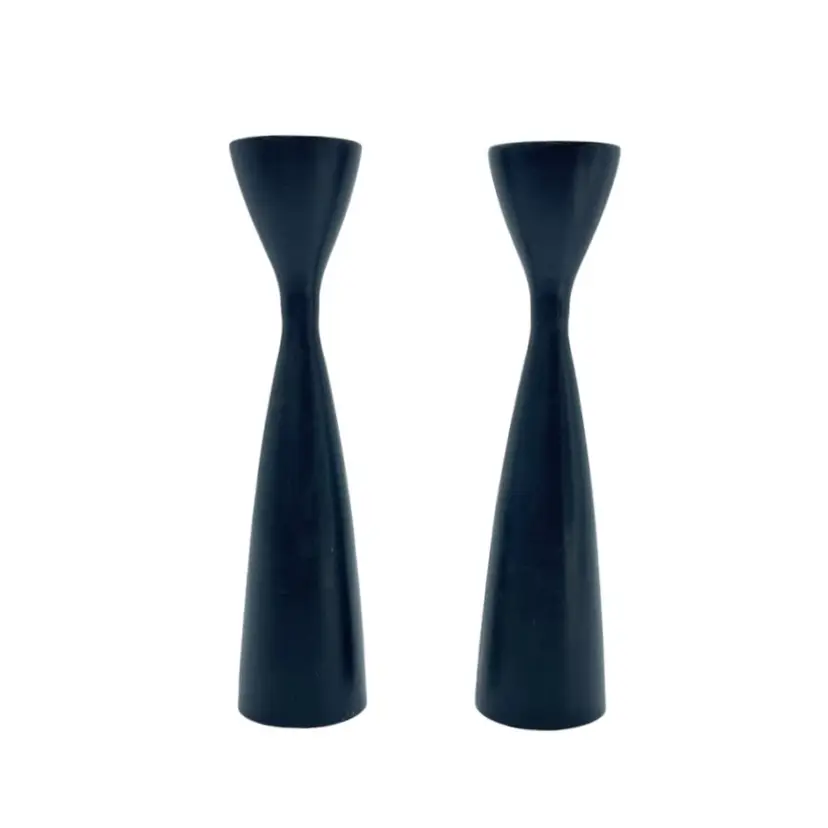 Set of 2 Royal Sealy Black Wooden Candle Stick Holders with Original Labels