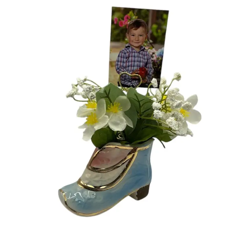 Reimagined & Upcycled 1940s Ceramic Boot Blue Pink with Gold Trim Photo Holder