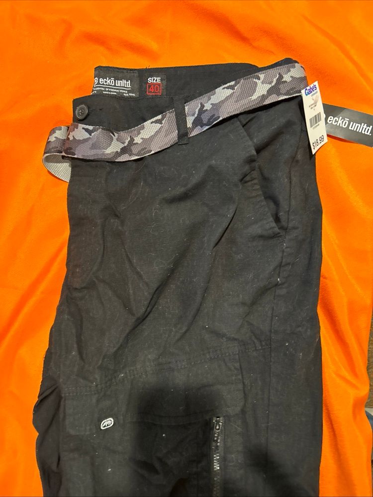 Ecko Unltd Shorts Mens 40 Black Cargo Outdoor Belted Ripstop Pockets Lightweight