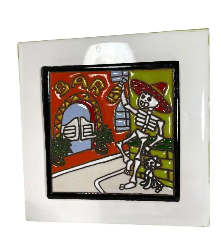Día de los Muertos Day Of The Dead 6” Tile Bar Scene With Cat Wall Hanging