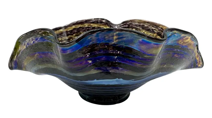 Signed Dennis Hoerauf Art Glass Forge Hand Blown Ruffled Bowl Iridescent 2006