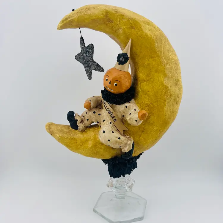2004 Nicol Sayre Halloween Pumpkin Man on A Moon Paper Mache Figurine Folk Art 8”x 12”