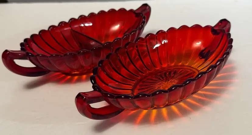 Vtg Imperial Glass Ruby Amberina Oval Handled Pillar & Divided Scalloped Dish
