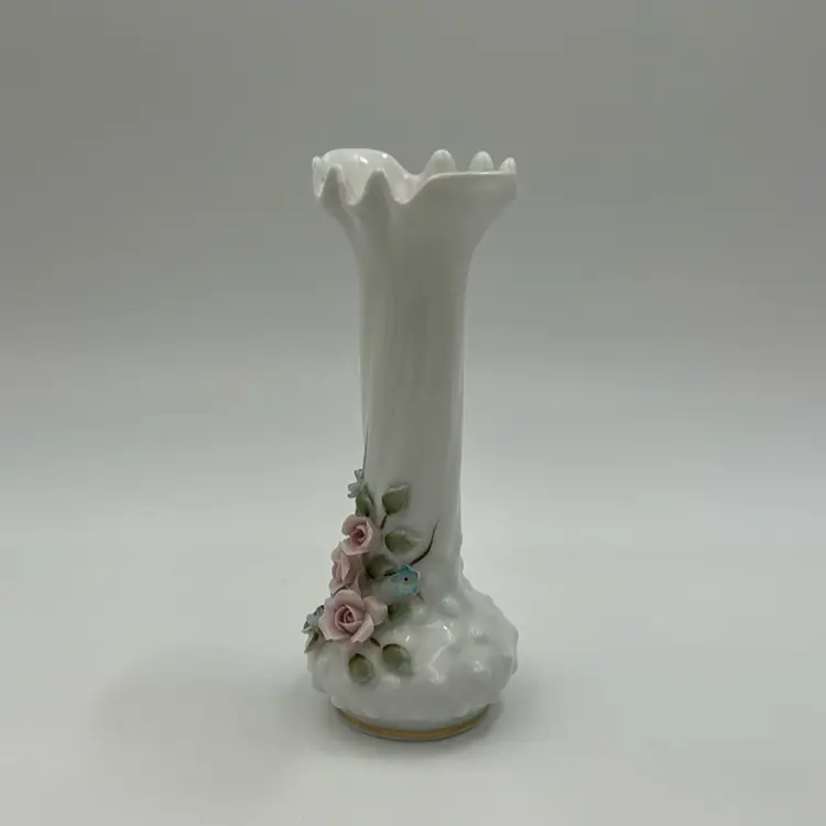 LEFTON 50’s Vase Applied Roses Pink/Blue Flowers Hand Painted.