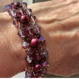 Purple Swarovski Crystal & Pearl Bracelet with Gold Filled Filagree Box Clasp Artisan Made 7”