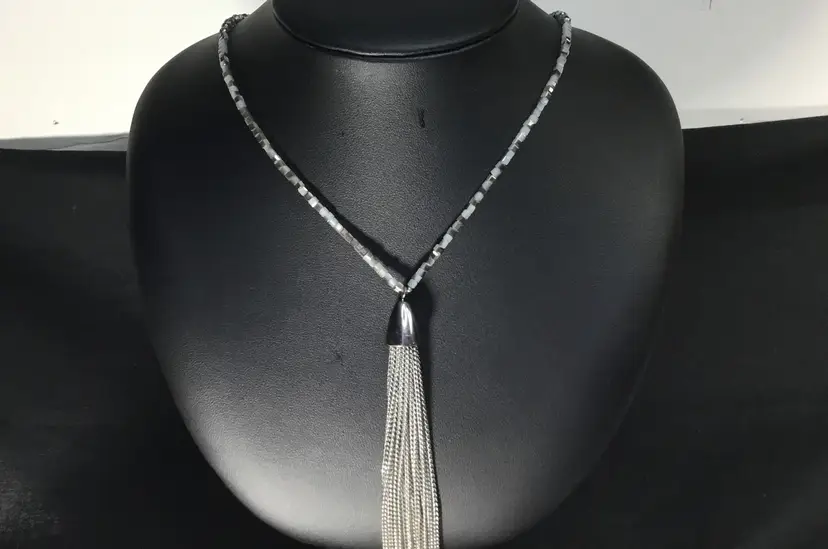Loft, necklace, clear, white, gray crystal beads, silver tone chain tassel, 32"