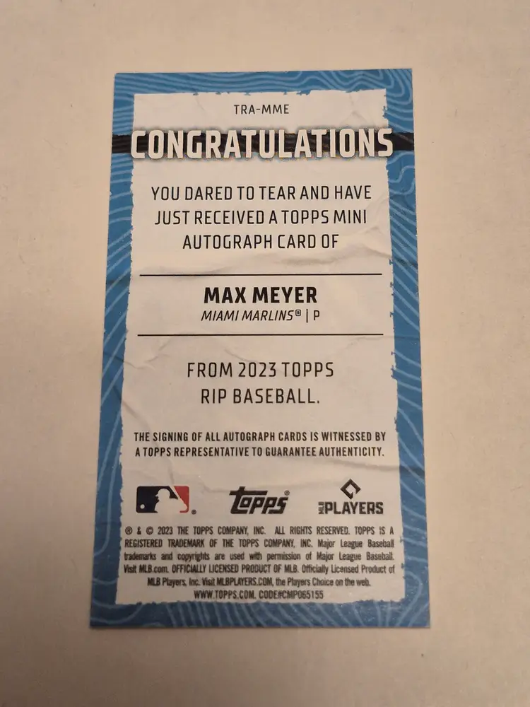 Max Meyer (RC) 2023 Topps RIP Card Orange Mini Auto /25 #TRA-MME Marlins