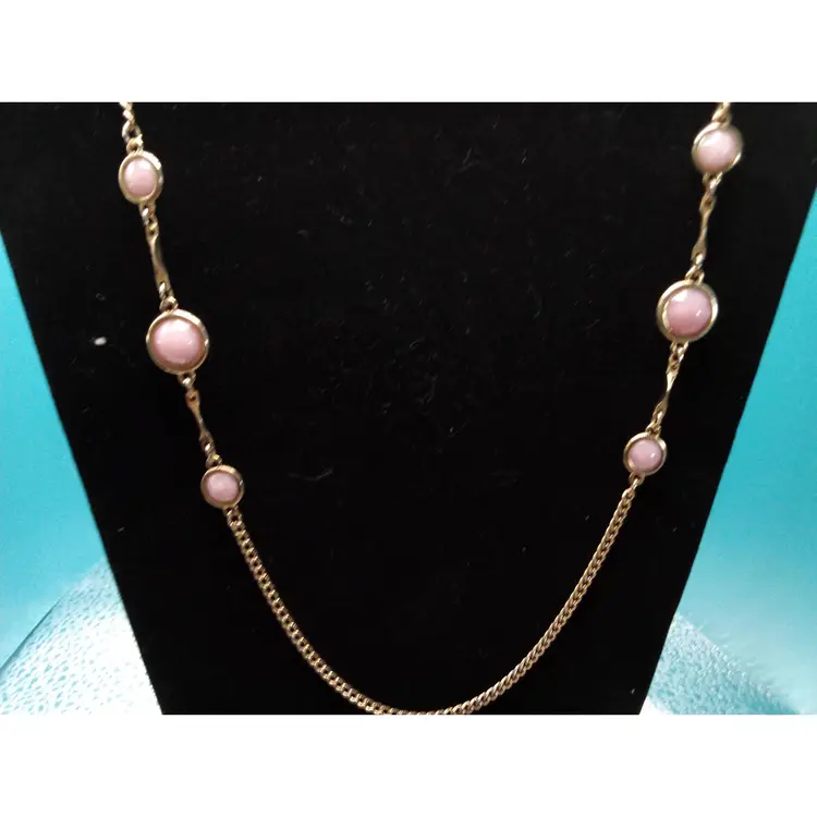 Sara Cov, Rare Find, Vintage 1970's,  Long Gold Tone Chain with Baby Pink Cabochons, 32 in.