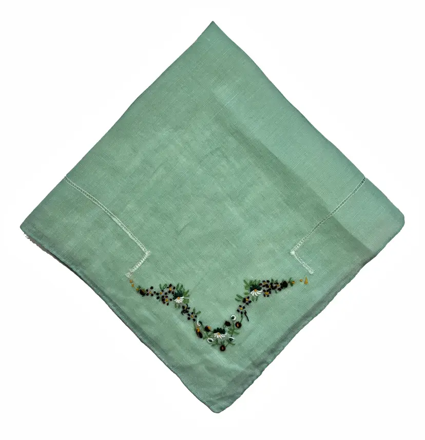 Embroidered Green Linen Bridesmaid Handkerchief Wedding Cottage Core Granny Vintage