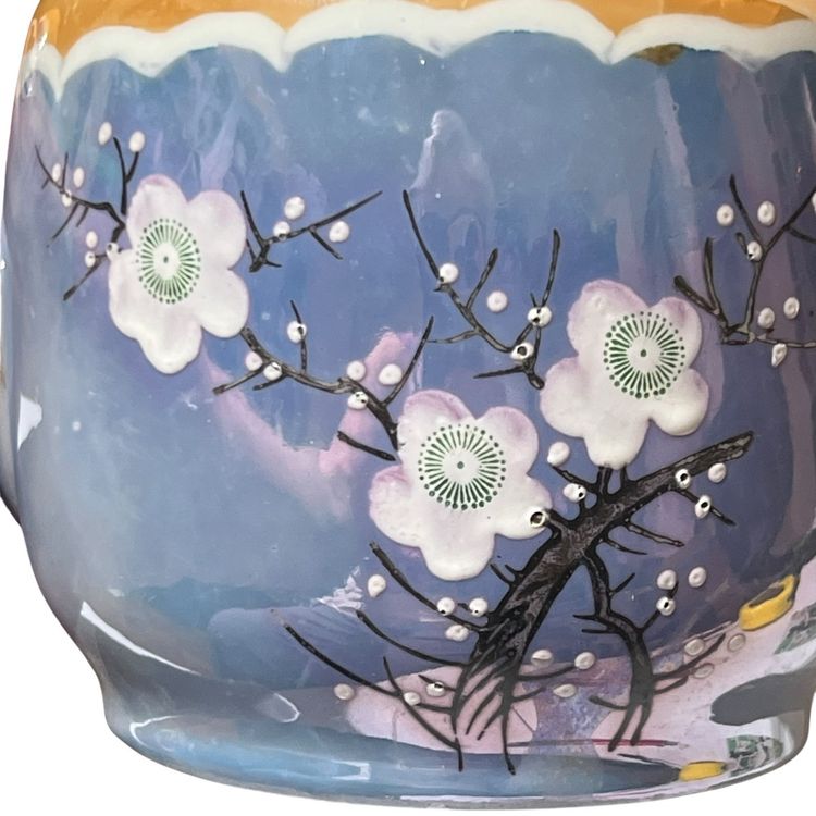 014 luster wear blue and gold cherry blossoms hand painted tea pot 7" x 9"